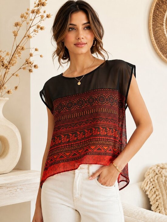 Global Desi Tops - Global Desi Black Red Sheer Boho Crop Blouse | XS